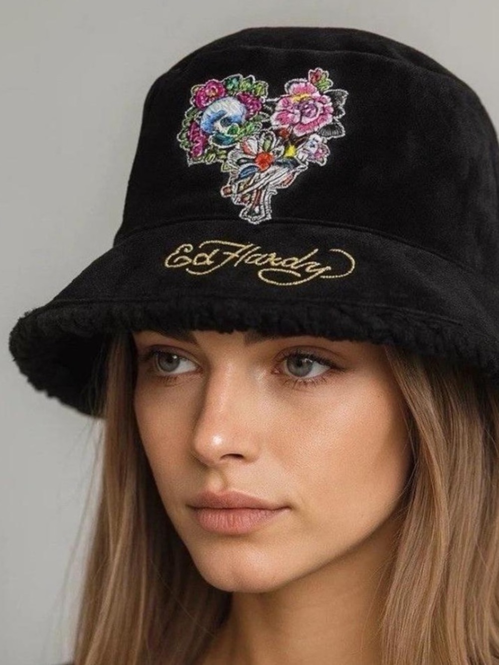 Ed Hardy Black Bucket Hat with Colorful Skull & Floral Heart Patch